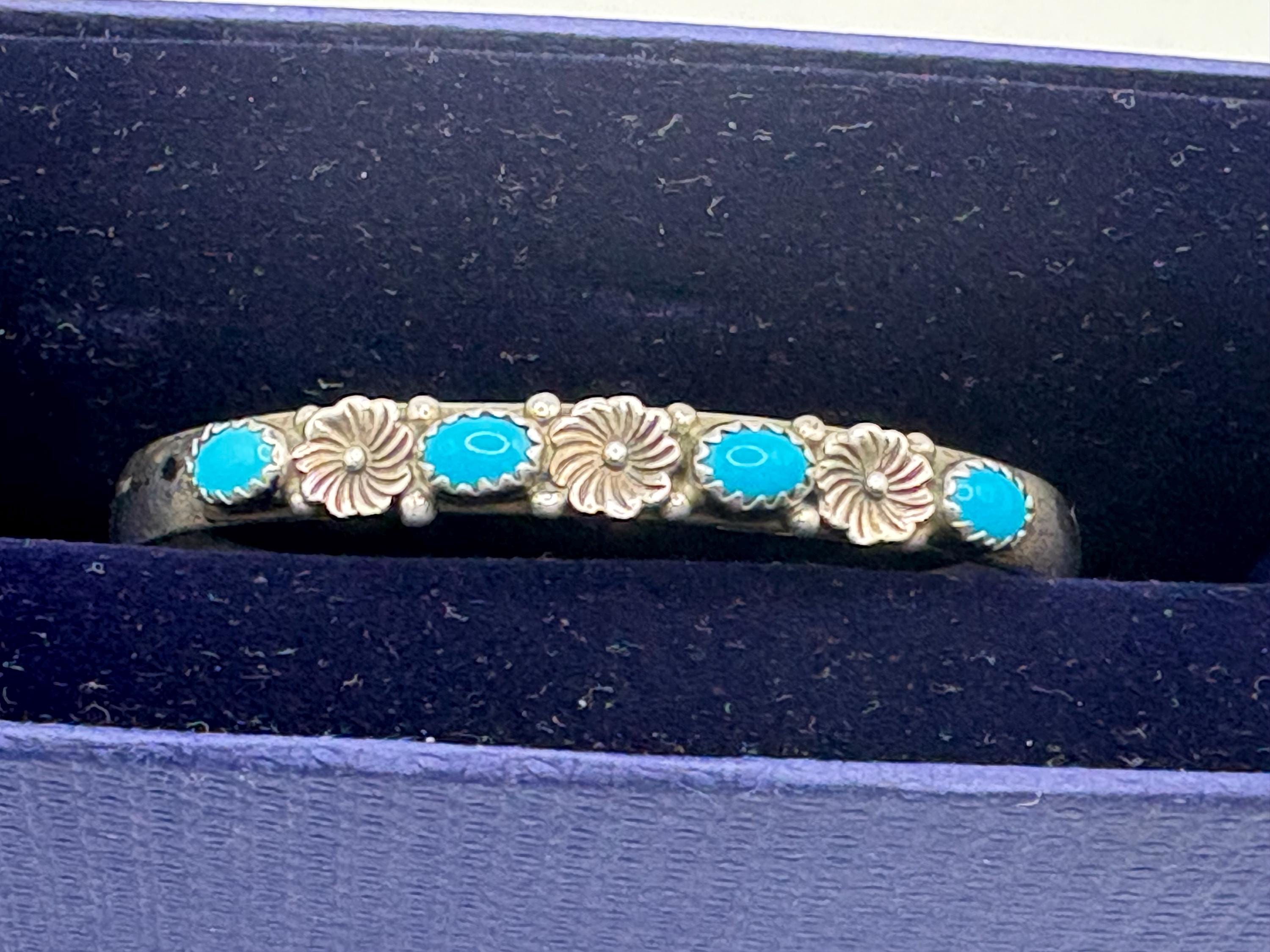 Vintage Turquoise Flower Sterling Silver Cuff Bracelet, Richard
