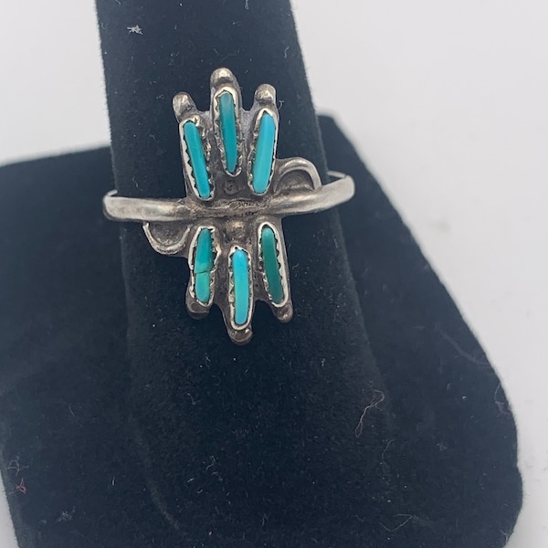 Vintage, feito à mão, bordado com incrustações de flores turquesa e anel Sterling Zuni tamanho 6 3/4