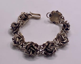 Vintage Taxco Sterling Silver Rose Link Bracelet - Handmade Floral