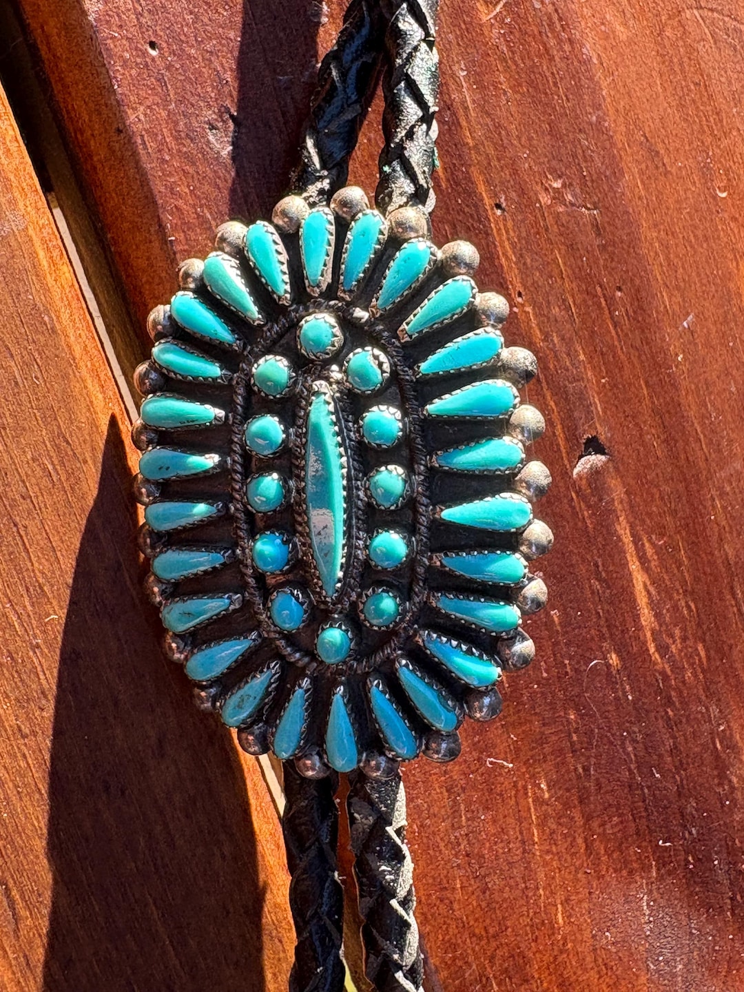 Zuni Turquoise Cluster Bolo Tie, J. Wallace Signed Sterling Silver