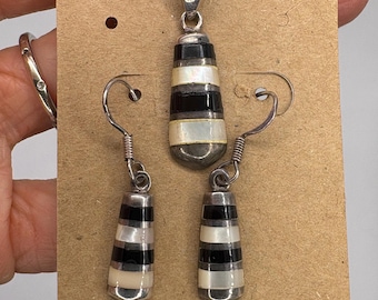 Vintage Taxco Sterling Silver Onyx & Mother of Pearl Jewelry Set