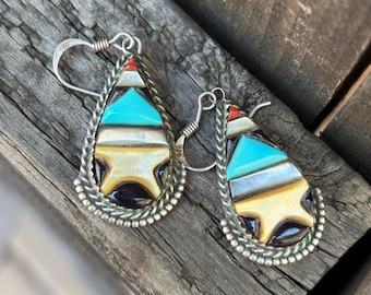 Leonard Martza Zuni Inlay Earrings, Coral Turquoise Jet Moonstone