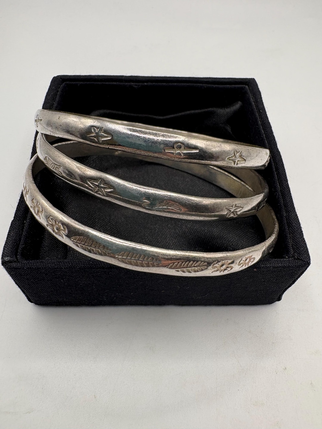 Vintage Sterling Silver Etched Bangle Bracelets - Set of Three