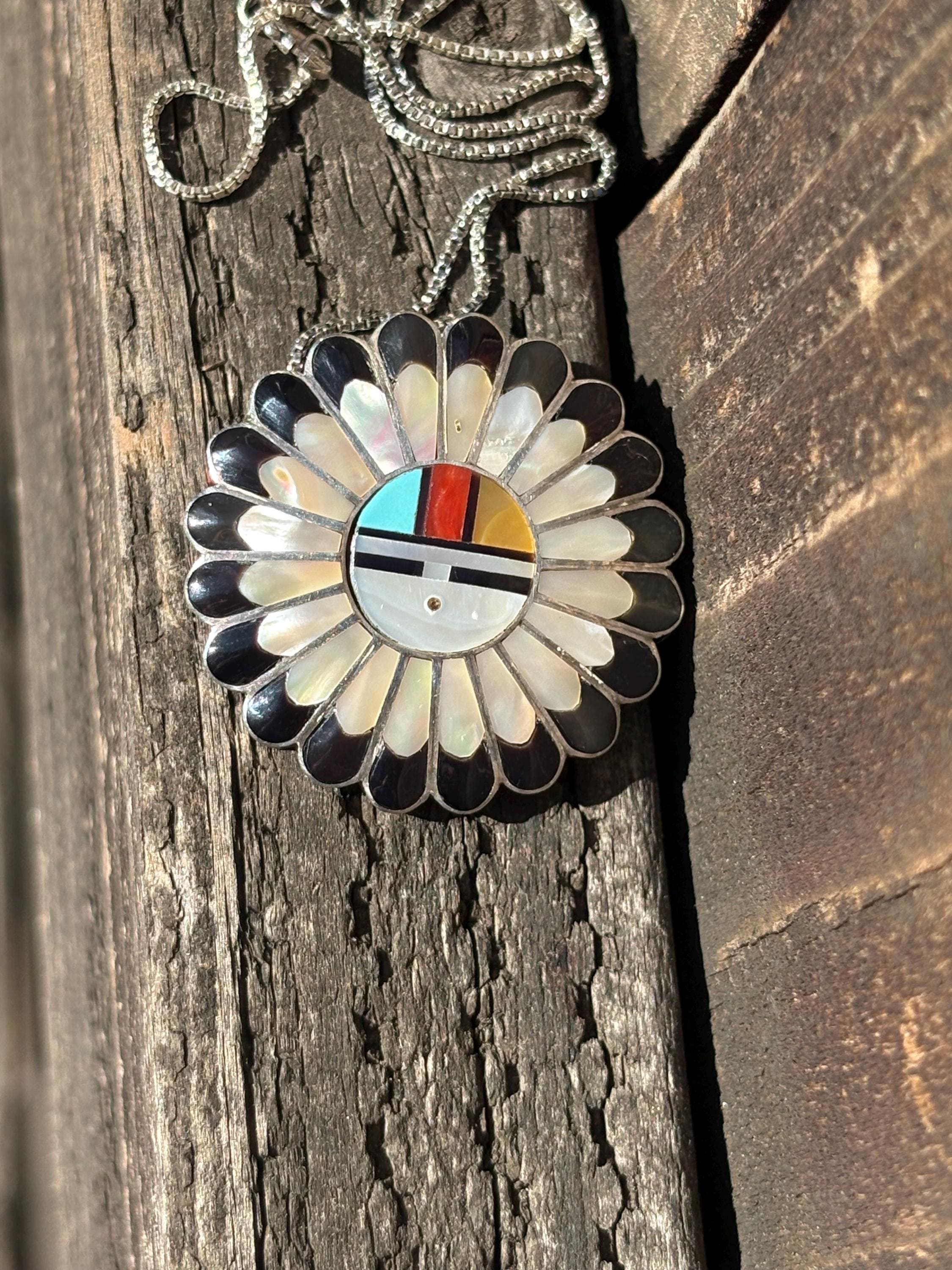 Zuni Sunface Sterling Silver Pendant Brooch: Turquoise, Onyx