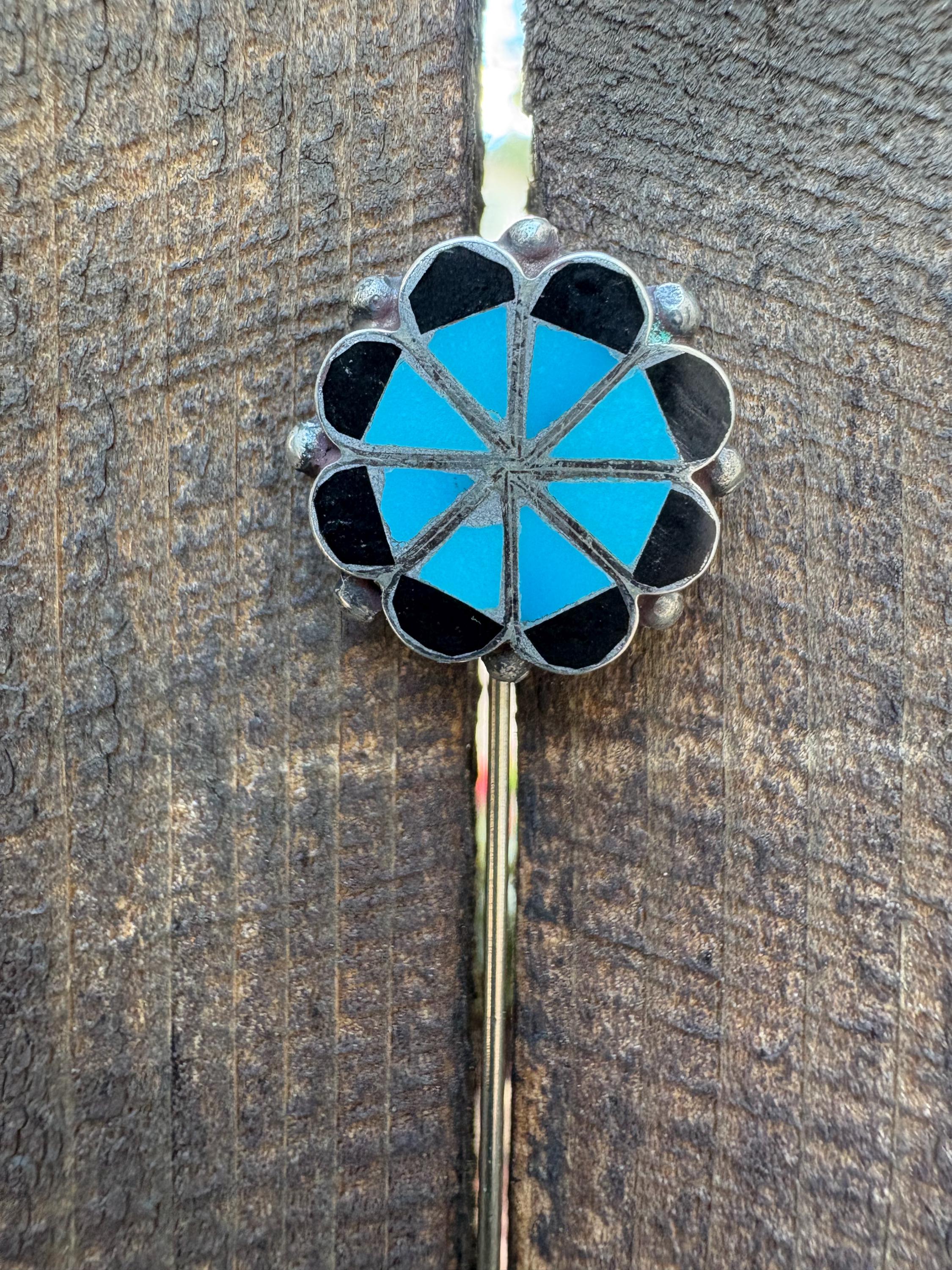 Zuni Flower Native American Navajo Sterling Onyx and Turquoise