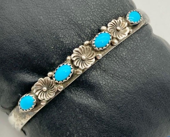 Vintage Turquoise Flower Sterling Silver Cuff Bracelet, Richard