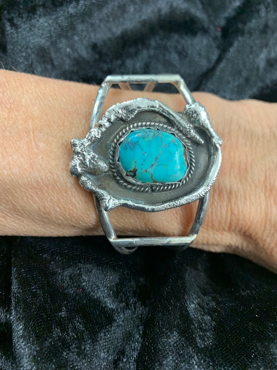 Handmade, heavy sterling silver Navajo, turquoise… - image 2