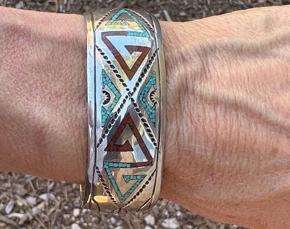 Thomas (tommy) Singer Unique Chip Turquoise and Coral Wide Cuff