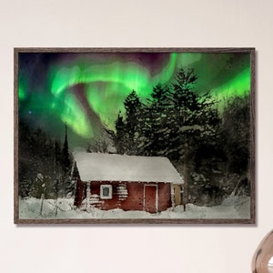 Póster de sauna, pintura de acuarela, arte mural finlandés, escena invernal de la aurora boreal en el Alto Michigan, impresión en lienzo o papel