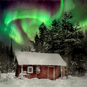 Póster de sauna, pintura de acuarela, arte mural finlandés, aurora boreal, escena invernal, pintura digital, bosque nevado, descarga digital
