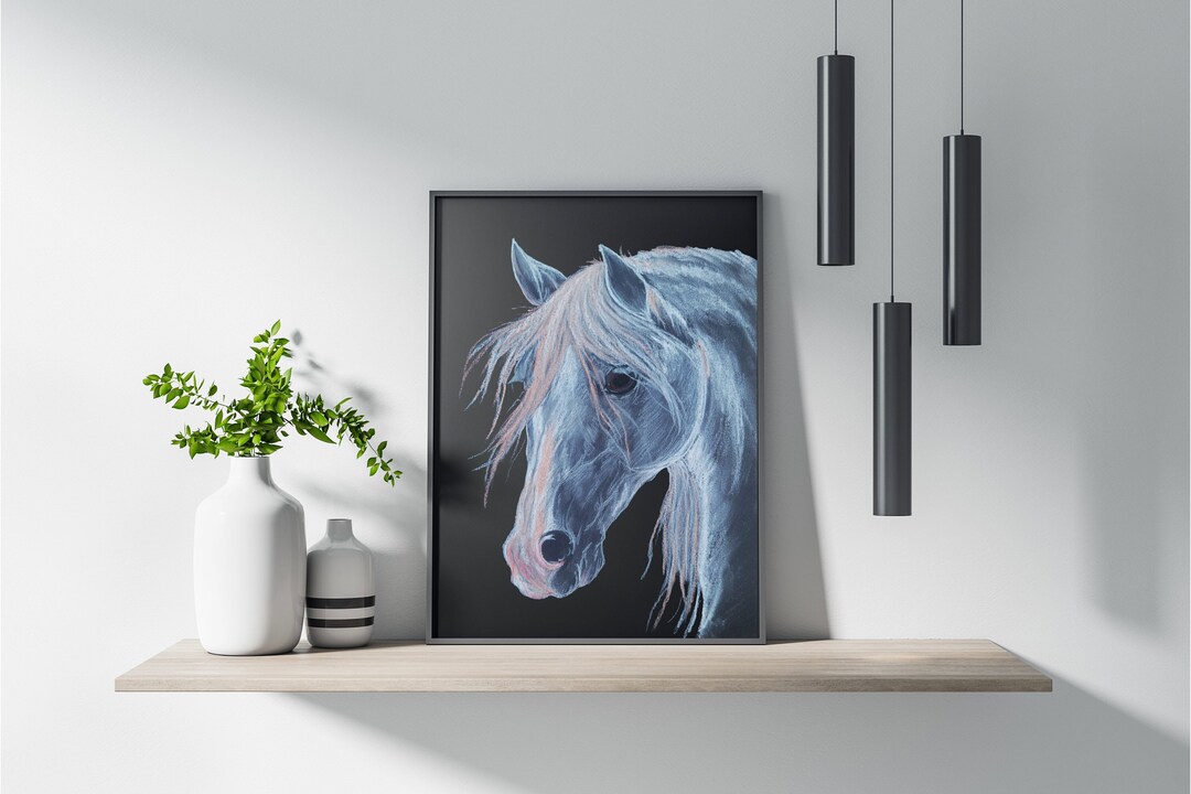 Horse Poster Equine Wall Art White Charcoal Horse Head for Etsy