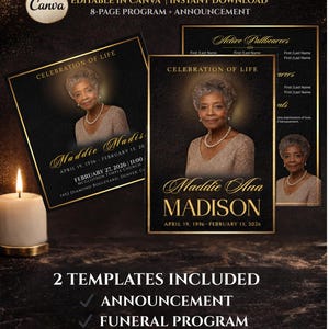 Editable Funeral Program & Announcement Bundle | Black Gold Memorial Templates (Instant Download)