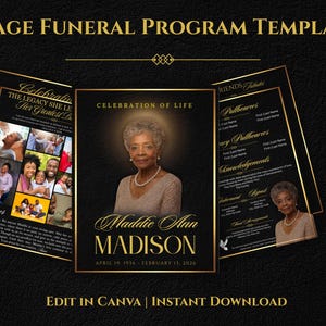 Może przedstawiać: 8-stronicowy szablon programu pogrzebowego w kolorze czarnym i złotym. Centralny obraz przedstawia portret kobiety z napisem "Celebration of Life" i imieniem "Maddie Ann Madison". Zawiera "Edit in Canva | Instant Download".
