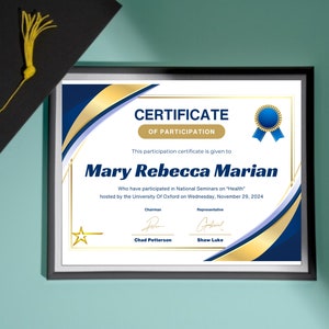 Puede incluir: Un certificado de participación azul y dorado para Mary Rebecca Marian. El certificado indica que participó en los Seminarios Nacionales sobre "Salud" organizados por la Universidad de Oxford el miércoles 29 de noviembre de 2024.