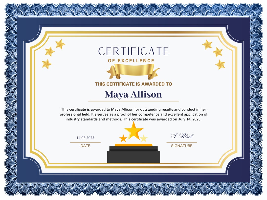 Editable Excellence Award Certificate | Custom Printable Template ...