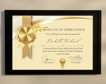 May include: A gold certificate of appreciation with a gold star and ribbon. The certificate is presented to Rachelle Richard in recognition of her dedication and hard work at Toronto Company. The certificate is signed by Kelvin Smith and Rita Brandy.