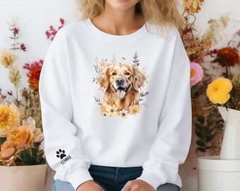 Personalisierte Ärmel Hund Name Sweatshirt Wildblume Golden Retriever Pullover Geschenk für Mama Benutzerdefinierte Hundename Sweatshirt neue Hundebesitzer Geschenke