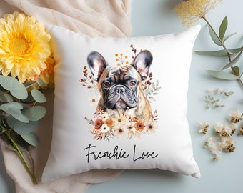 Frenchie Love Wildblumenkissen Geschenk für Hundebesitzer, Französische Bulldogge Geschenke, Französische Bulldoggen Mutter, neuer Welpe Geschenk, Boho Kissen Hundebesitzer Geschenk