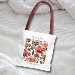 Birth Month Flower Personalized Gift, Bridesmaid Gifts, Canvas Tote Bag, Wedding Party Gift, Gift for Gran, Proposal Gift Birth Flower Bag Red