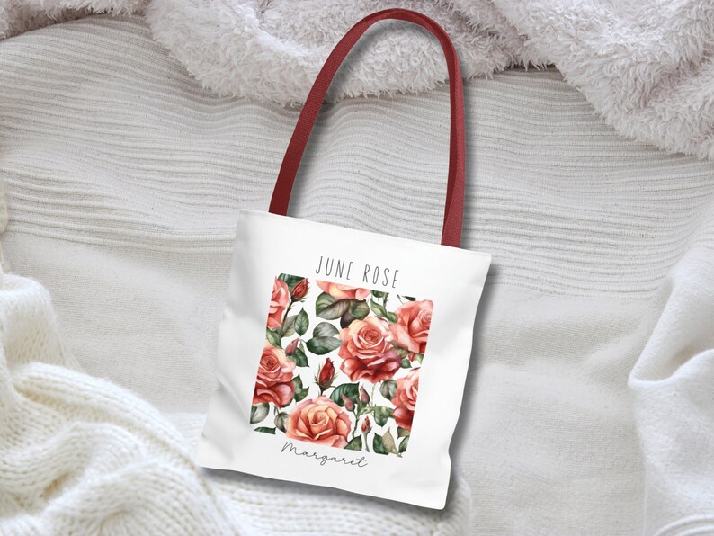 Birth Month Flower Personalized Gift, Bridesmaid Gifts, Canvas Tote Bag, Wedding Party Gift, Gift for Gran, Proposal Gift Birth Flower Bag Red