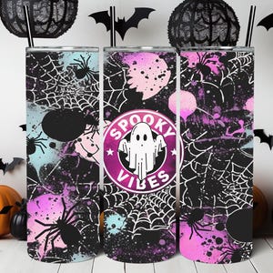 Spooky Vibes Halloween Tumbler, Girly Goth Tumbler, Cute Ghost Tumbler, Spider Webs & Spiders Halloween Aesthetic Cup, Spooky Season Tumbler
