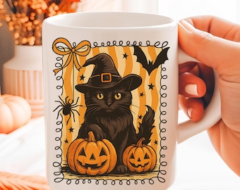 May include: White ceramic mug featuring a black cat wearing a witch hat, with two carved pumpkins. The design includes a spider, bat, and stars on an orange and yellow background, perfect for Halloween.