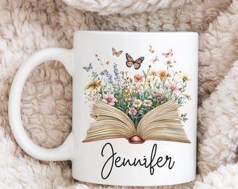 Tazza a forma di libro con motivo floreale personalizzato, regalo per gli amanti dei libri.