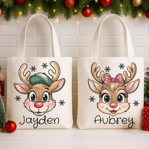 Sacola de Natal personalizada com estampa de rena, presente perfeito para as festas de fim de ano.