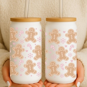 Cute Gingerbread Can Glass, Christmas Glass Tumbler, Cute Holiday Iced Coffee Glass, Girly Pink Coquette Christmas Cup, Snowflakes Can Glass