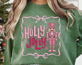 Kersttrui met roze strik en notenkraker, retro vakantie ronde hals