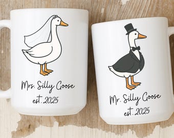 Mr & Mrs Silly Goose Tassen Set, lustiges Hochzeitsgeschenk, Paar Geschenke, Brautgeschenk, Hochzeitsdatum Becher, Braut und Bräutigam Kaffeetasse, Verlobungsbecher