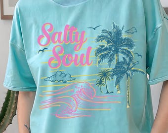 Salty Soul Comfort Colors T-shirt, retro palmträdsgrafik