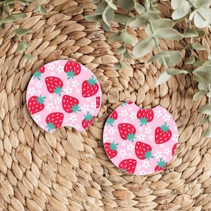 Strawberry Car Coasters Set of 2, Floral Car Decor, Pink Girly Car Accessories, Cute Strawberry Aesthetic, Cottagecore Car Decor, Flowers