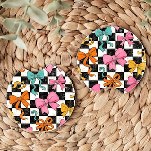 Set di 2 sottobicchieri per auto con fiocco a scacchi Coquette, accessori per auto carini e femminili, decorazioni per auto con estetica retrò, set di sottobicchieri per auto Coquette, stile preppy femminile