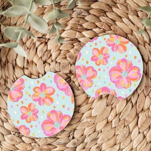 Auto-onderzetters met aquarel bloemen, bloemen esthetische auto-accessoires, boho auto-onderzetters, schattige kleurrijke bloemen auto-accessoires, Cottagecore-decor