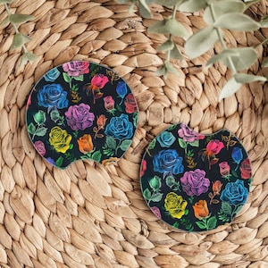 Auto-onderzetters met regenboogbloemen, auto-accessoires bloemen, boho auto-onderzetters, schattige kleurrijke bloemen auto-accessoires, Cottagecore-decor