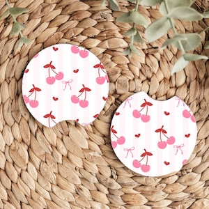 Cherry Coquette Car Coasters Set of 2, Cherry Car Decor, Pink Girly Car Accessories, Cute Cherry Aesthetic, Pink Bows, New Driver Gifts