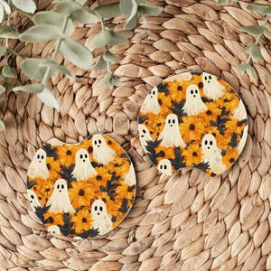 Ghost Floral Car Coasters Set of 2, Halloween Car Accessories, Spooky Season Car Decor, Cute Ghost & Sunflowers Car Coasters, Fall Car Decor