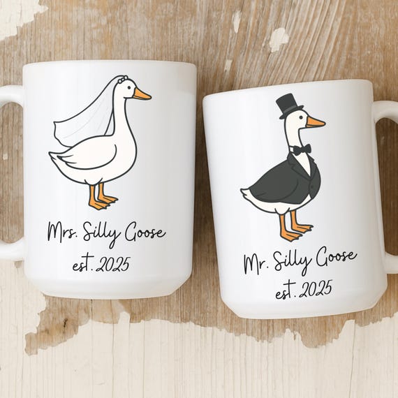 Mr & Mrs Silly Goose Mugs Set, Funny Wedding Gift, Couple Gifts, Newlywed Gift, Wedding Date Mug, Bride and Groom Coffee Cup, Engagement Mug