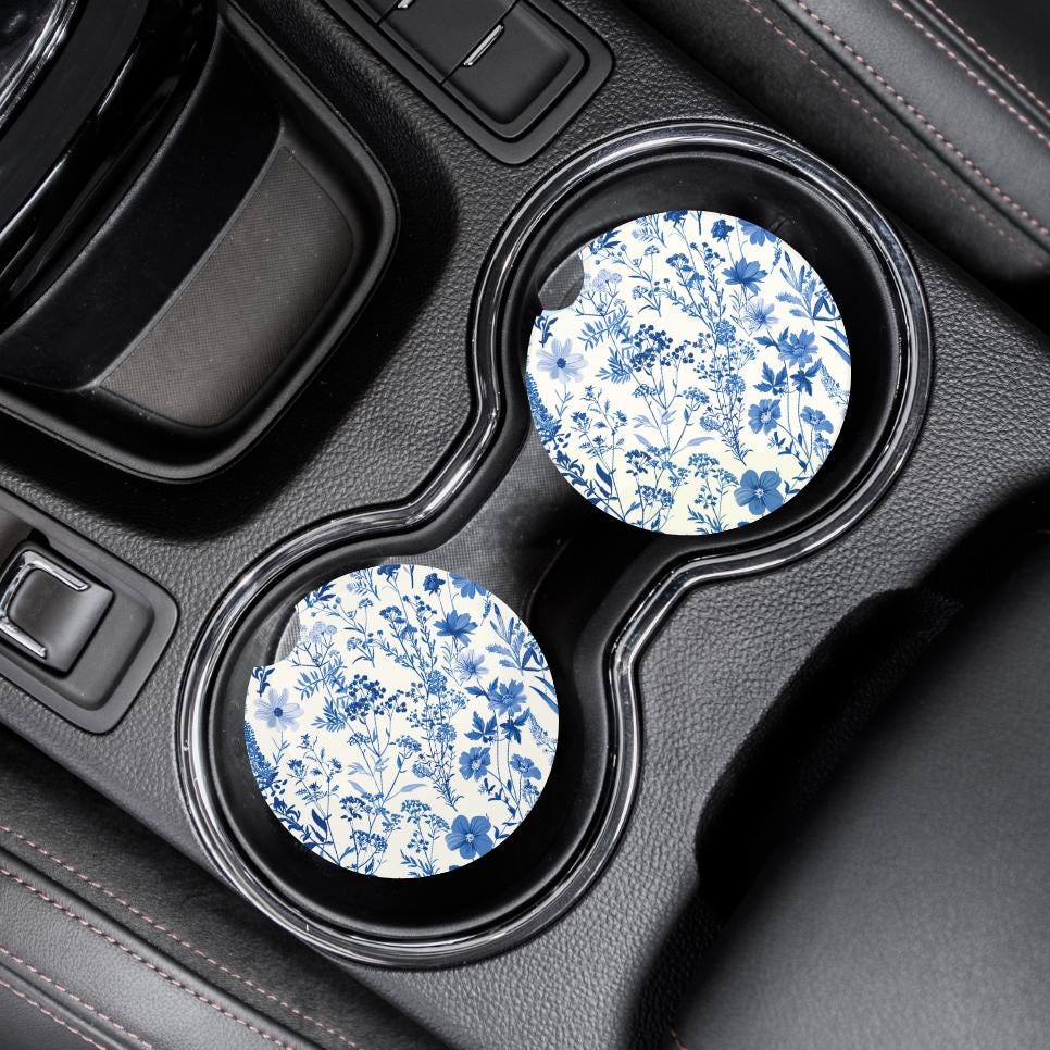 Blue Toile De Jouy Car Coasters Set of 2, Cottagecore Aesthetic Car ...