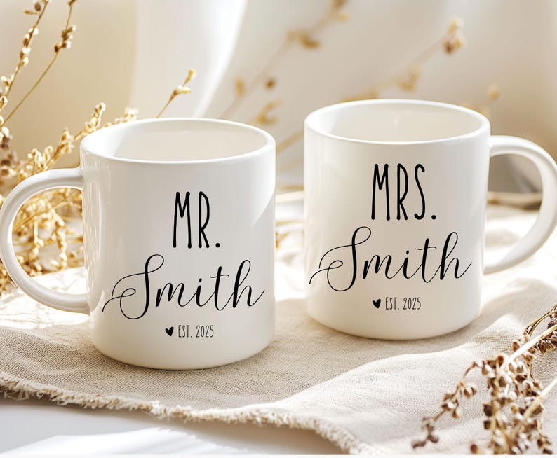 Personalized Mr. & Mrs. Mugs Set, Custom Wedding Gift, Anniversary Gift, Newlywed Gift, Wedding Date Mug, Custom Last Name Gift, Ceramic Mug
