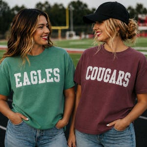 May include: Two people wearing matching t-shirts with team names. One shirt is green with "EAGLES" in white block letters. The other is maroon with "COUGARS" in white block letters. Both are wearing blue jeans.