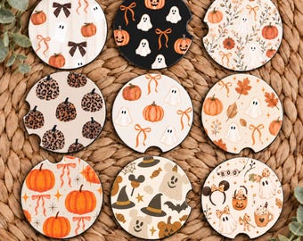 Halloween Car Coasters Set of 2, Ghost Pumpkin Cup Holder Coasters, Retro Fall Car Accessories