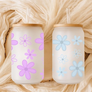 Daisy Can Glass, Floral Glass Tumbler, Cute Daisy Iced Coffee Glass, Retro Floral Iced Coffee Cup, Trendy Aesthetic Cup, Cute Gift for Women