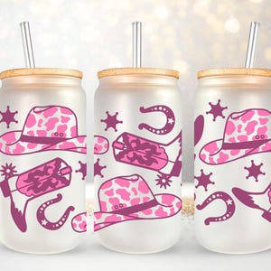 Pink Cowgirl Glass Can, Pink Rodeo Aesthetic, Disco Cowgirl Gift, Last Rodeo Glass Tumbler, Frosted or White Glass, Bamboo Lid Can Glass