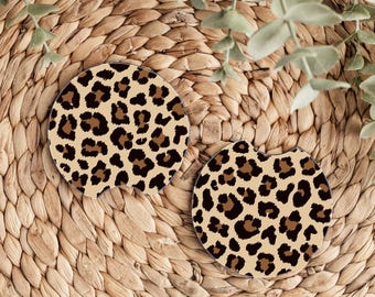 Leopard Print Car Coasters Set of 2, Cottagecore Car Decor, Cheetah Print Car Accessories, Trendy Car Accessories, Animal Print Car Decor