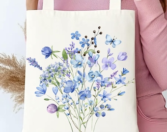 Blue Botanical Wildflowers Tote Bag, Cottagecore Tote Bag, Boho Wildflowers Canvas Bag, Botanical Print Bag, Flower Lover, Gifts For Her