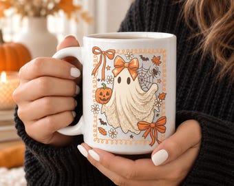 Coquette Ghost Halloween Mug, Lace Bow, Spooky Season Gift (15oz Ceramic)