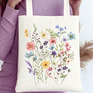 Botanical Wildflowers Tote Bag, Cottagecore Tote Bag, Boho Wildflowers Canvas Bag, Botanical Print Bag, Flower Garden Lover, Gifts For Her