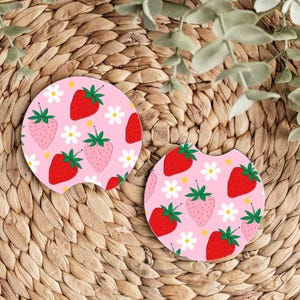 Strawberry & Daisy Car Coasters Set of 2, Cottagecore Car Decor, Pink Girly Car Accessories, Trendy Car Accessories, Strawberries Decor